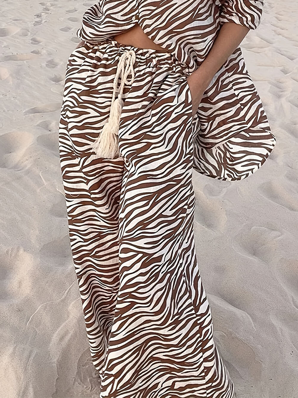 Losse zebraprint trekkoord broek met wijde pijpen