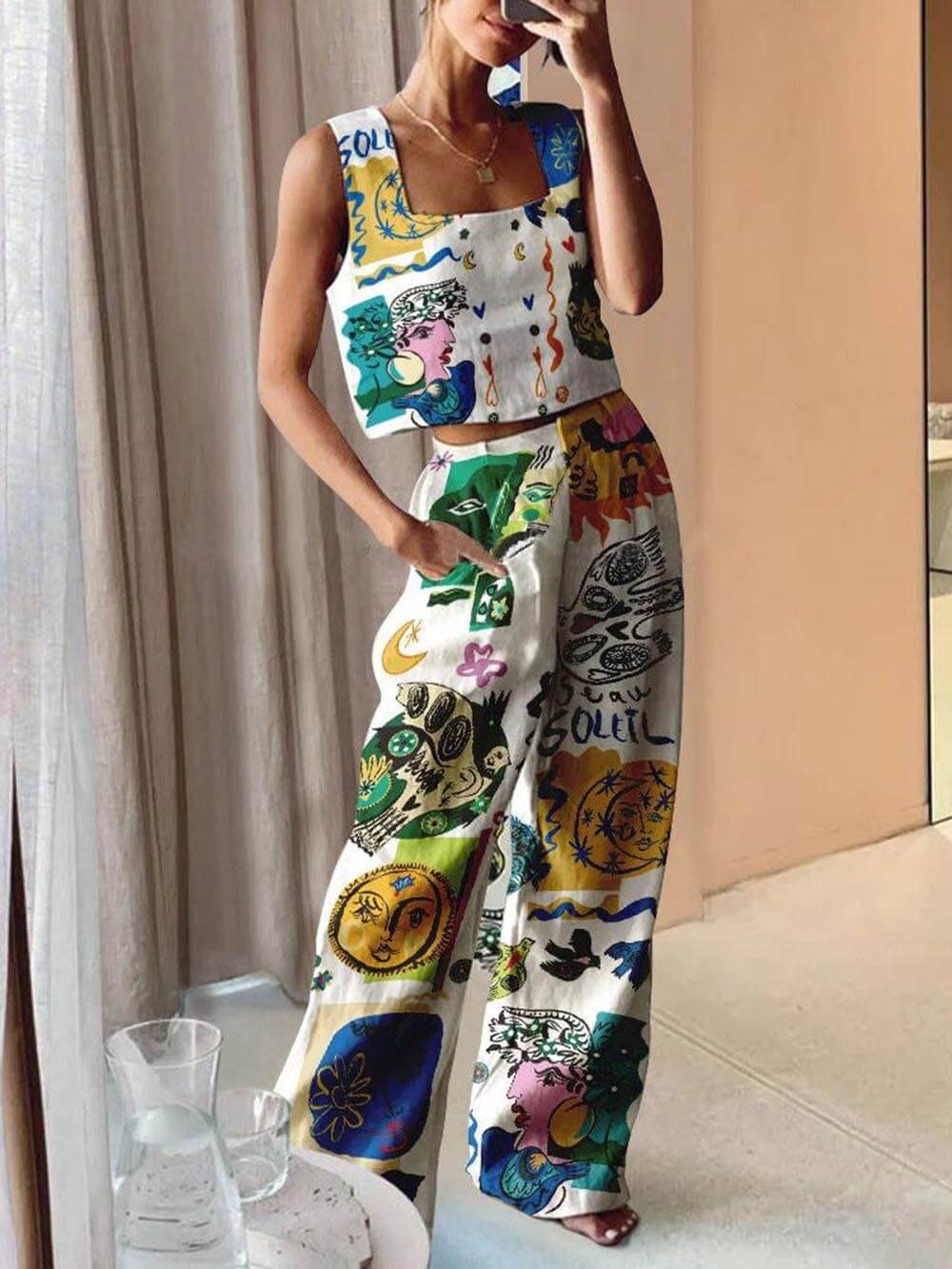 Unieke tanktop met print en broekset met elastische taille