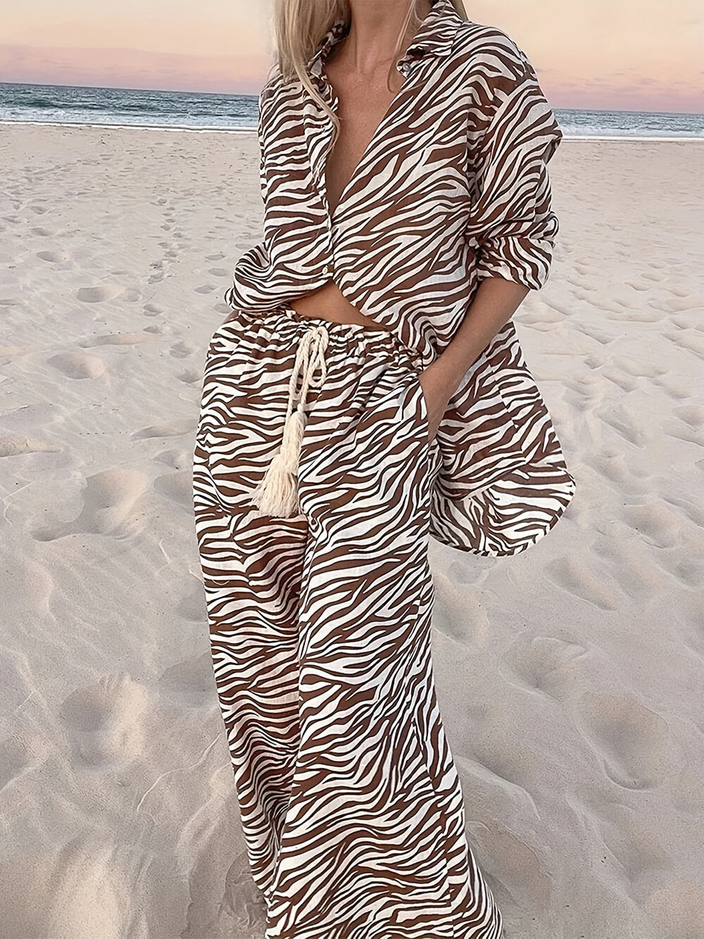 Losse zebraprint trekkoord broek met wijde pijpen