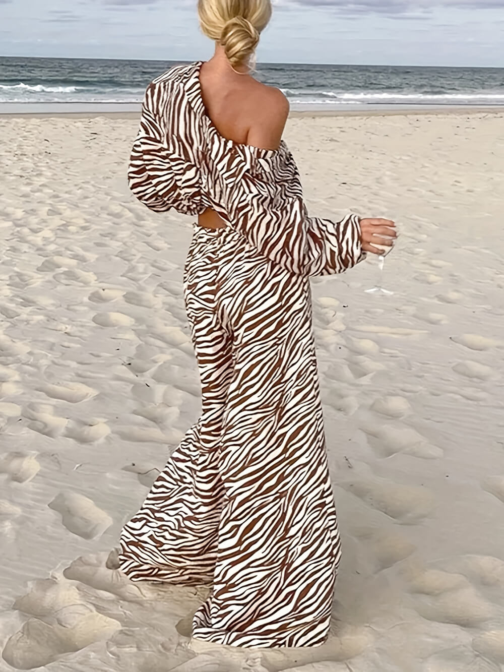 Losse zebraprint trekkoord broek met wijde pijpen
